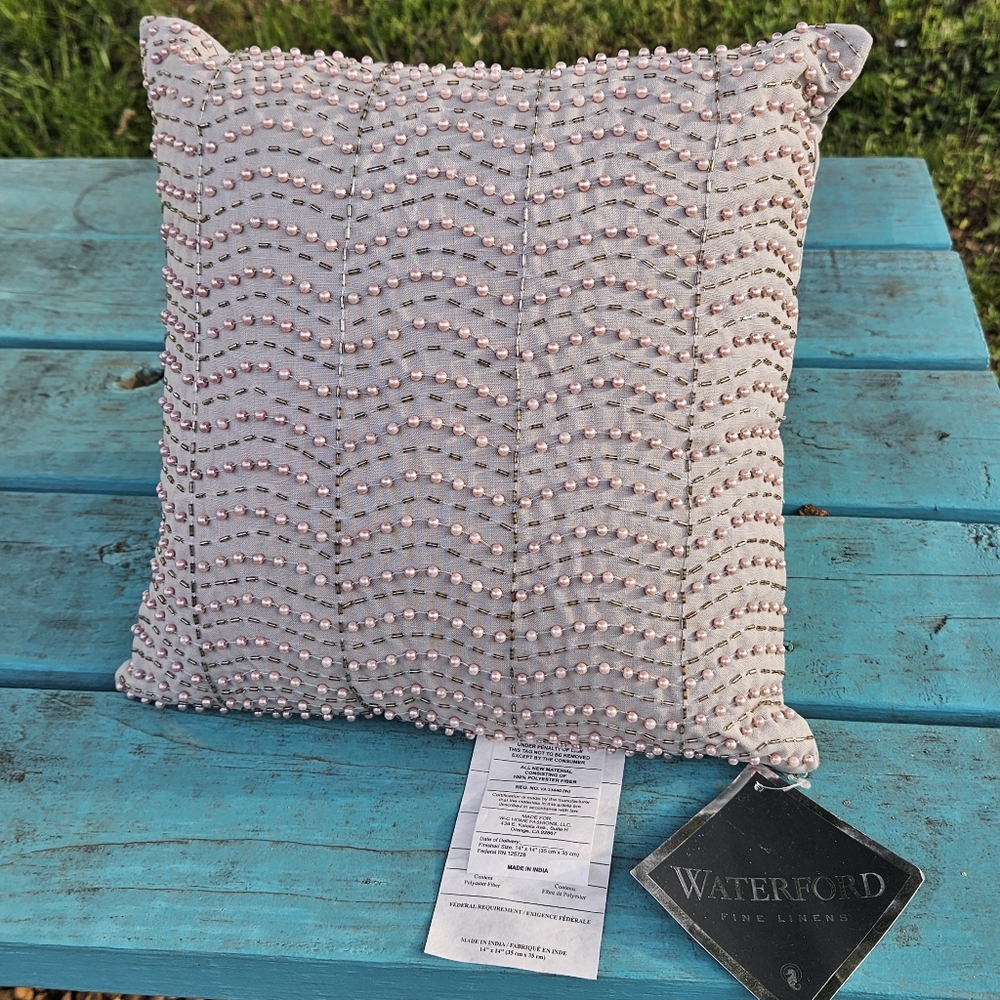 Waterford Fine Linen 14" Faux Pearl Beaded Decorative Pillow